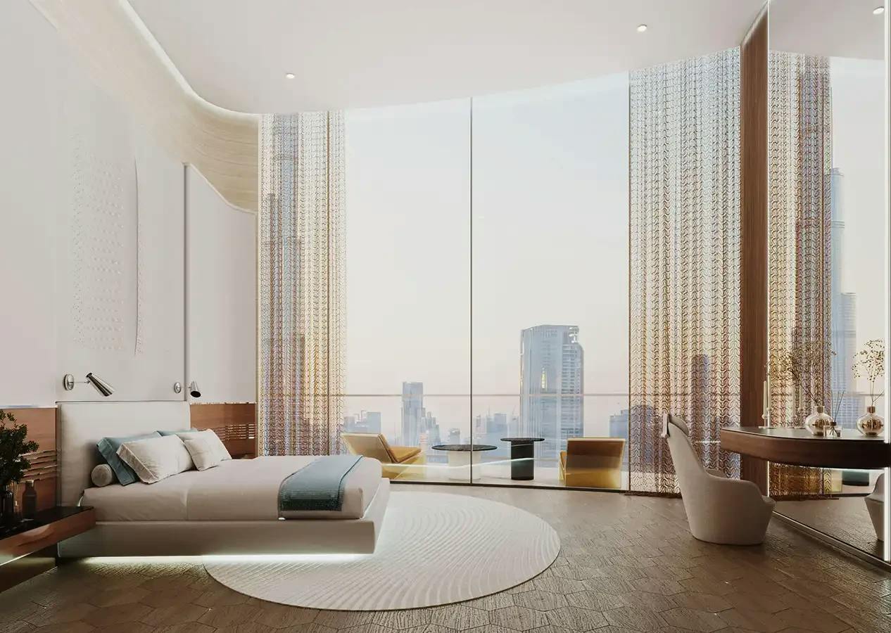 Bedroom interior at Mercedes-Benz Places by Binghatti