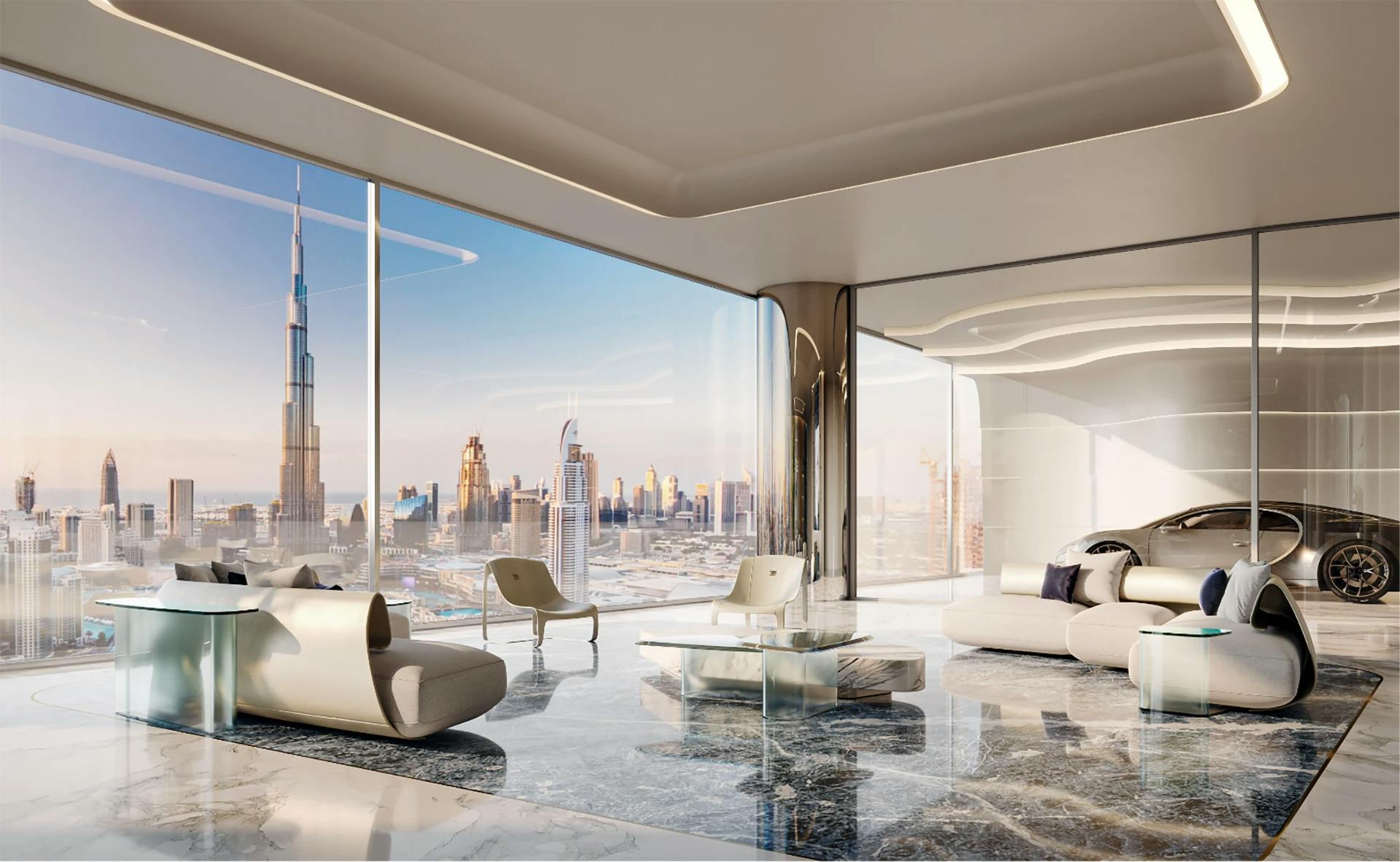 Terrace and pool area at Bugatti Residences by Binghatti