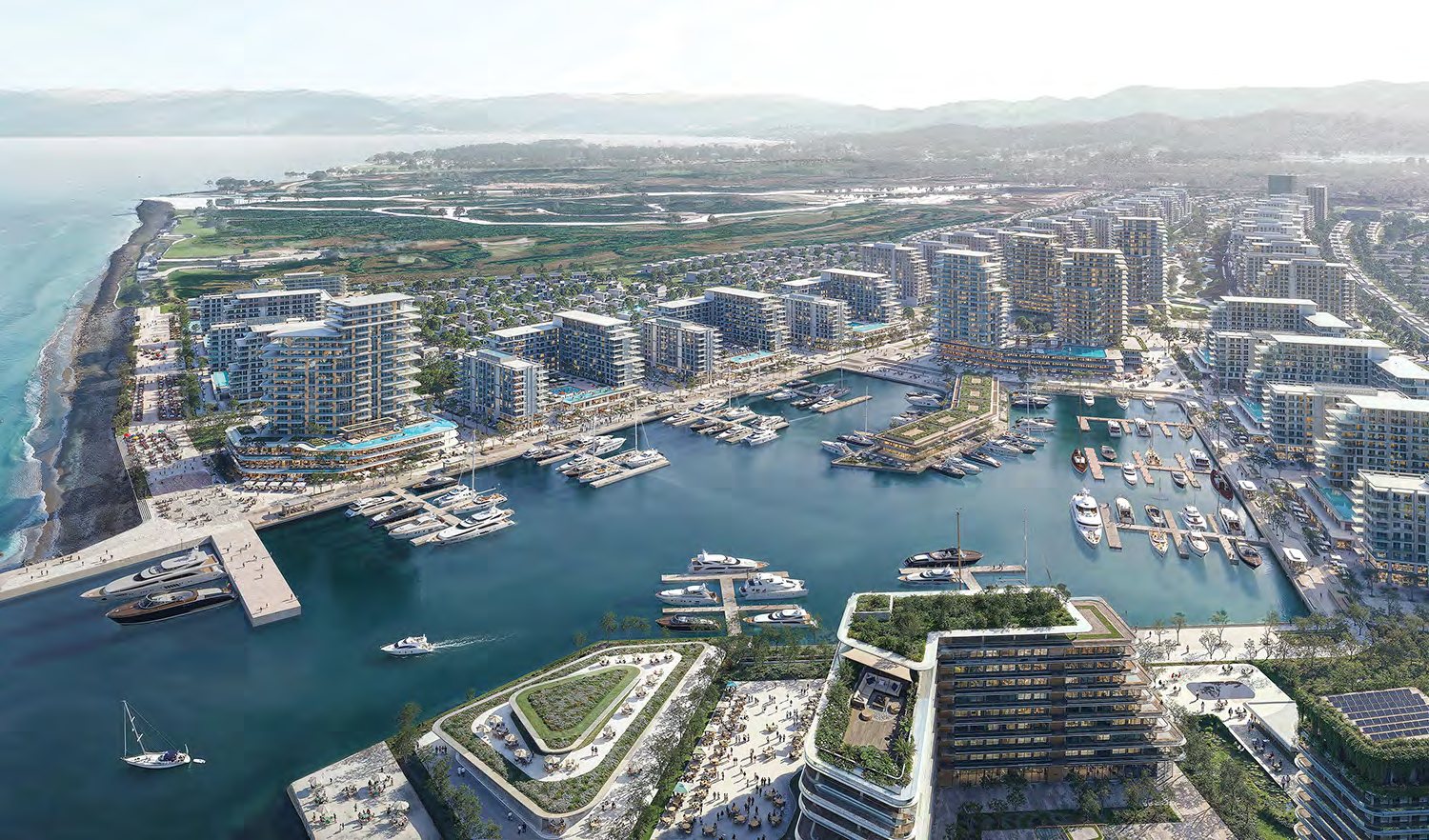 Aerial view of the Gonio Waterfront marina district and residences