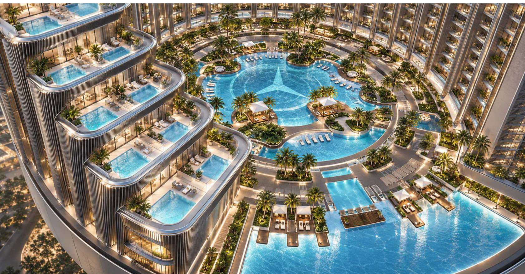 Pool and landscaped amenity rendering at Mercedes-Benz Places Binghatti City